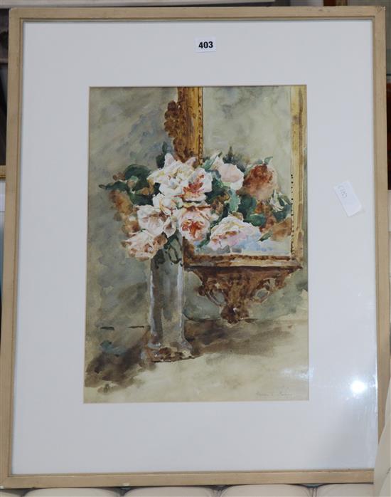 Frances E. James, watercolour, Roses beside a mirror, signed, 48 x 33cm and five other assorted pictures